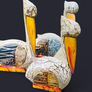 Rare 3 Piece Pelican Handmade Wood Sculptures Made in Bali